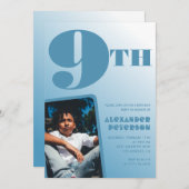 Junge 9. Geburtstag Einladungen Blue Foto (Vorne/Hinten)