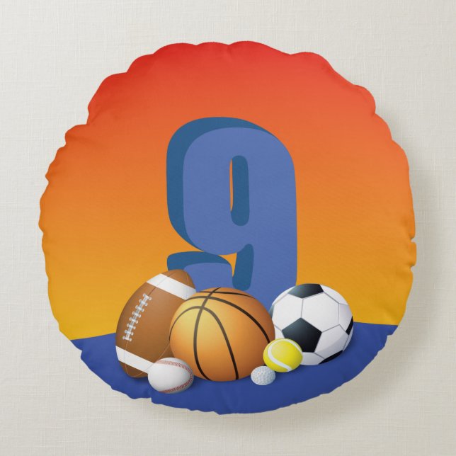 Junge 9. Geburtstag Sportbälle Rundes Kissen (Vorderseite)