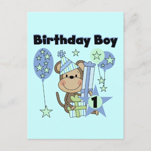 Junge Affe mit Geschenken 1. Geburtstag Postkarte (Vorderseite)