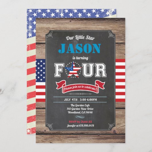 Junge am Unabhängigkeitstag 4. Geburtstag - vierjä Einladung (Vorne/Hinten)