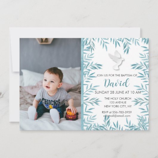 Junge Aquamarin Blue Dove Watercolor Taufe Einladung