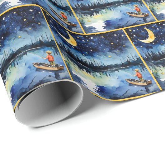 Junge Aquarellfischerei nachts Geschenkpapier (Rolleneckpunkt)