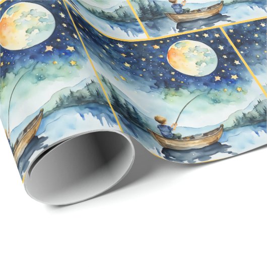 Junge Aquarellfischerei nachts Geschenkpapier (Rolleneckpunkt)