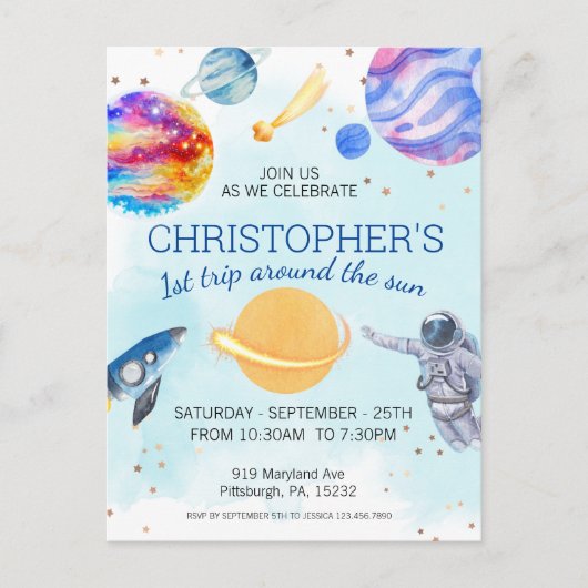 Junge Astronaut Space Geburtstagsparty Postkarte (Vorderseite)