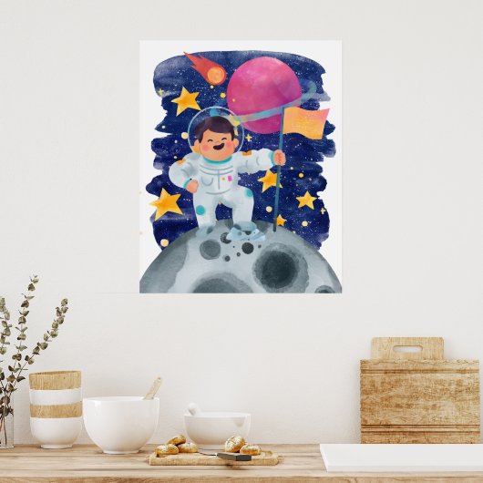 Junge Astronautin First Step Moon Flag Weltraum Poster (Küche)