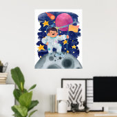 Junge Astronautin First Step Moon Flag Weltraum Poster (Heimbüro)
