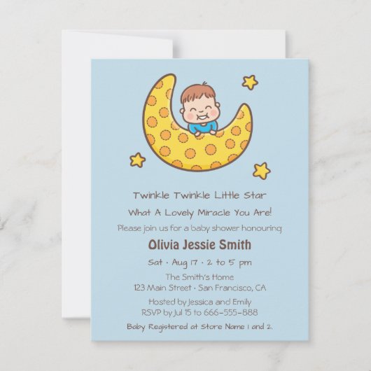 Junge auf dem Mond Twinkle Little Star Baby Dusche Einladung (Vorderseite)