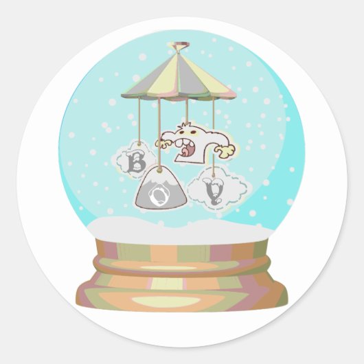 Junge Baby Dusche Winter Yeti Schneedecke blau gra Runder Aufkleber (Vorderseite)