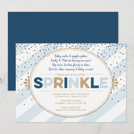 Junge Baby Sprinkle Einladung blaue goldene Streif (Vorne/Hinten)