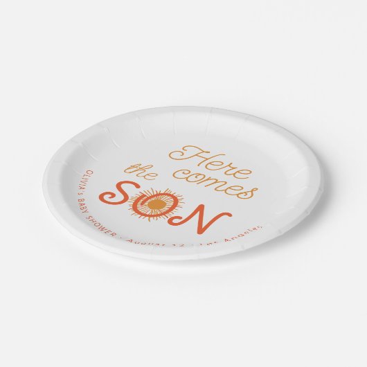 Junge Babydusche kommt hier der Sohn personalisier Pappteller (Schrägansicht)