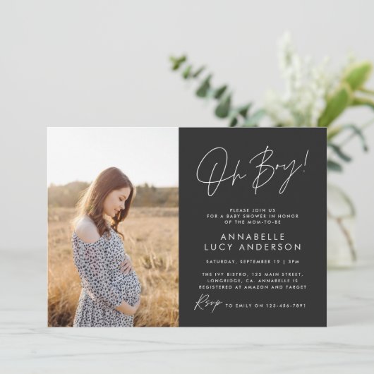 Junge Babydusche schwarzes elegantes Foto Einladung (Stehend Vorderseite)