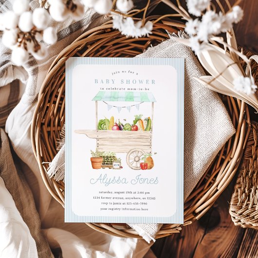 Junge Bauern vermarkten Gemüseständer mit Babydusc Einladung