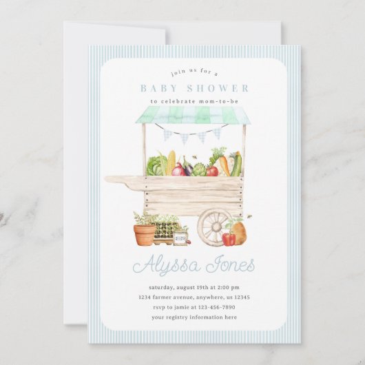 Junge Bauern vermarkten Gemüseständer mit Babydusc Einladung (Vorderseite)