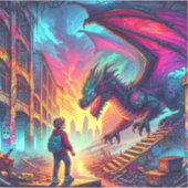 Junge begegnet einem Drachen in einer dystopischen Aufkleber (Vorderseite)