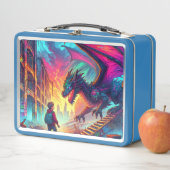 Junge begegnet einem Drachen in einer dystopischen Metall Brotdose (Beispiel)