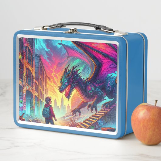 Junge begegnet einem Drachen in einer dystopischen Metall Brotdose (Beispiel)