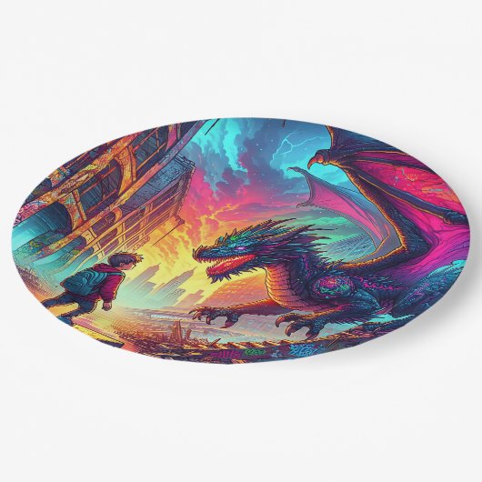 Junge begegnet einem Drachen in einer dystopischen Pappteller (Schrägansicht)