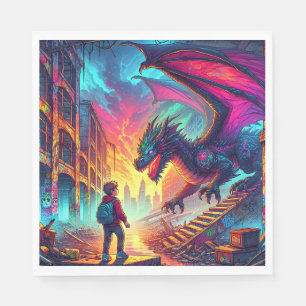 Junge begegnet einem Drachen in einer dystopischen Serviette