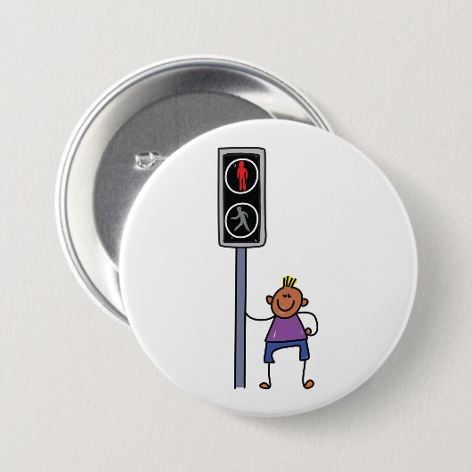 Junge bei Fußgängerüberquerung mit rotem Stoppsign Button (Vorne & Hinten)