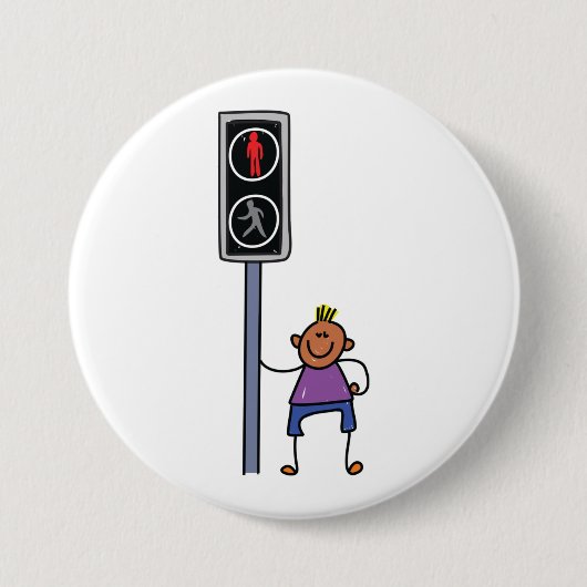 Junge bei Fußgängerüberquerung mit rotem Stoppsign Button (Vorderseite)