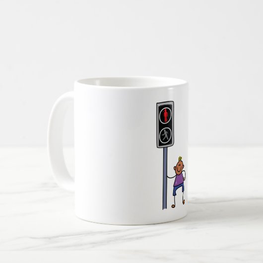 Junge bei Fußgängerüberquerung mit rotem Stoppsign Kaffeetasse (Vorderseite Links)