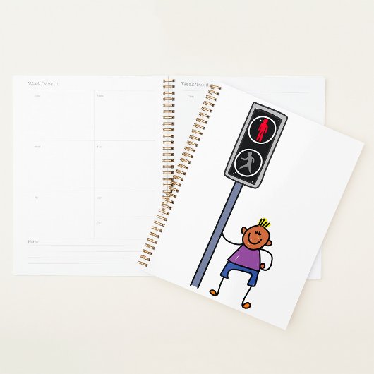 Junge bei Fußgängerüberquerung mit rotem Stoppsign Planer