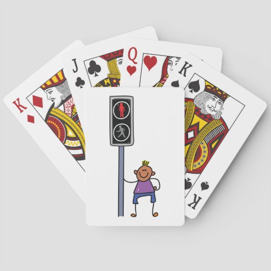 Junge bei Fußgängerüberquerung mit rotem Stoppsign Spielkarten (Rückseite)