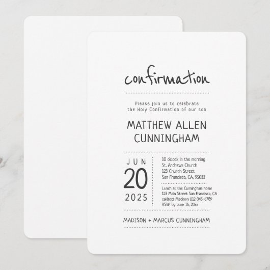 Junge Bestätigung| Modern + einfach Einladung (Vorne/Hinten)