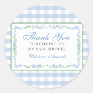 Junge Blau Blumen Grandmillenial Baby Shower Gingh Runder Aufkleber