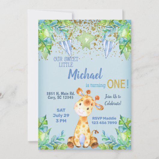 Junge blaue Giraffe Einladung zum 1. Geburtstag. (Vorderseite)