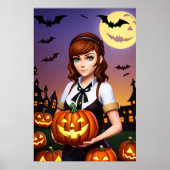 Junge Dame braune Haare mit Kürbis | Art der AI Poster (Vorne)
