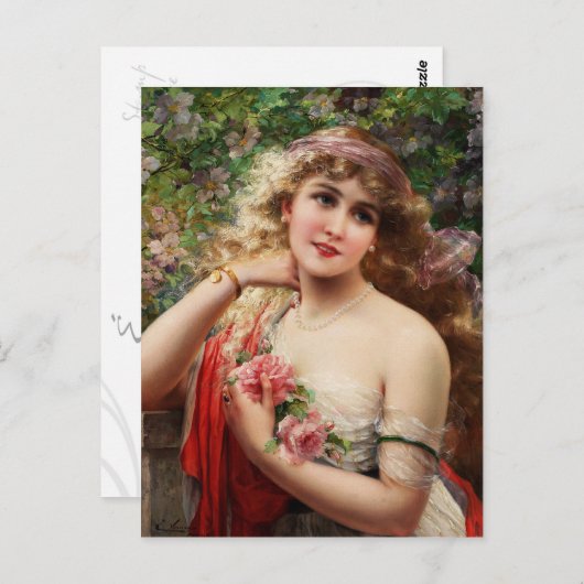 Junge Dame mit Rose Postkarte (Vorne/Hinten)