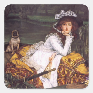 Junge Dame und ihr Mops im Boot von James Tissot Quadratischer Aufkleber