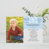 Junge Dedication Einladung Blue Foto Card (Stehend Vorderseite)