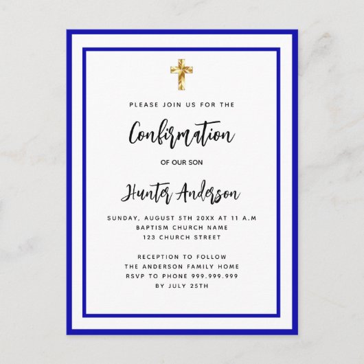 Junge der Bestätigung königsblau weiß Einladungspostkarte (Vorderseite)