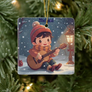 Junge, der eine Gitarre spielt Weihnachts-Ornament Keramikornament