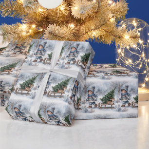 Junge, der einen alten Schlitten mit Pinienbäumen  Geschenkpapier