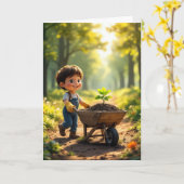 Junge, der einen Baum in einer Schubkarre schneide Karte (Gelbe Blume)