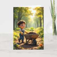 Junge, der einen Baum in einer Schubkarre schneide