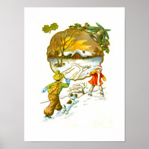 Junge, der einen Schneeball wirft Poster