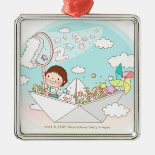 Junge, der im Papierboot sitzt Ornament Aus Metall
