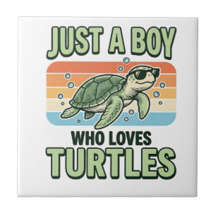 Junge, der Schildkröten liebt Vintage-Stich-Design Fliese