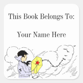 Junge, die einen Kite-Buchzeichen-Aufkleber fliege Quadratischer Aufkleber