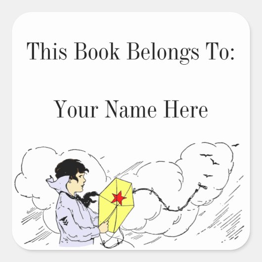 Junge, die einen Kite-Buchzeichen-Aufkleber fliege Quadratischer Aufkleber (Vorderseite)