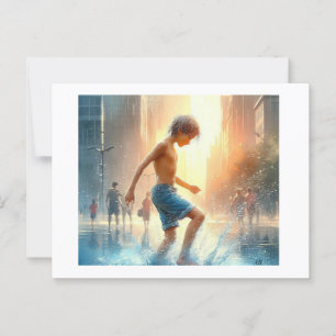 Junge, die in City Puddle plasht, Postkarte