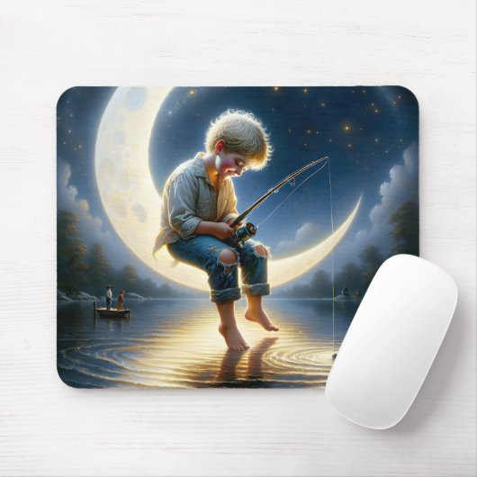 Junge, die von einem Halbmond fischen Mousepad (Mit Mouse)