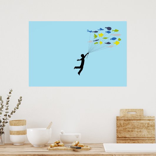 Junge, die wegschwimmen, um tropische Fischballons Poster (Küche)