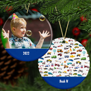 Junge Dinge, die Fahrzeuge bewegen Foto Weihnachte Keramik Ornament