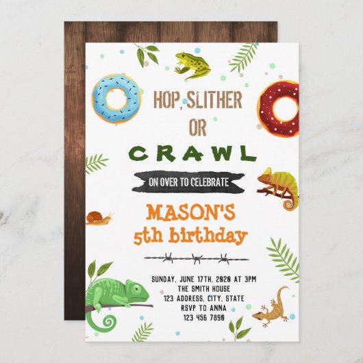 Junge Donut und Reptilien Party Einladung (Vorne/Hinten)