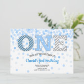 Junge erste Geburtstag ONE Confetti Zickzack Blue  Einladung (Stehend Vorderseite)
